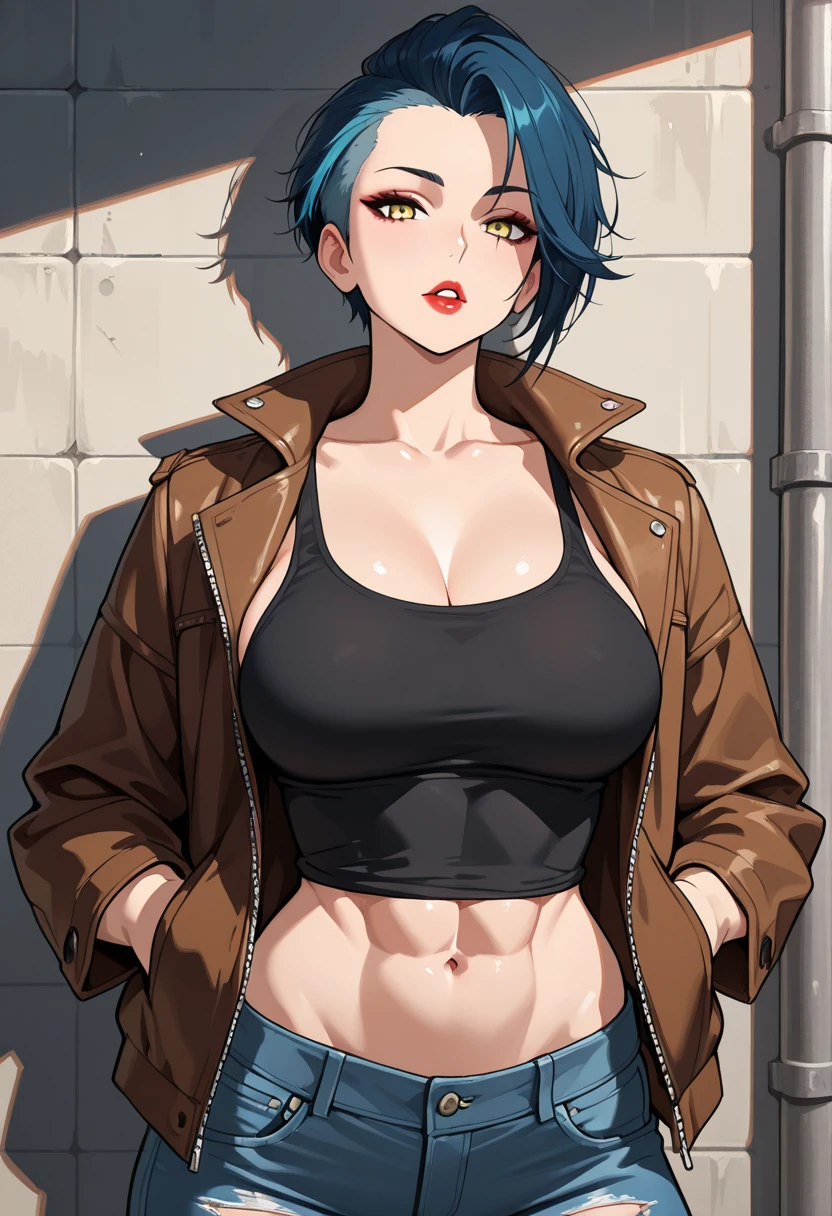 (Best quality, dynamic lighting, highly detailed) Black haired girl, beautiful, double bun hairstyle, wink, smirk, black bra, medium tits, tall, thick, blue denim shorts, thick thighs, sexy hips, see through raincoat, rave background.