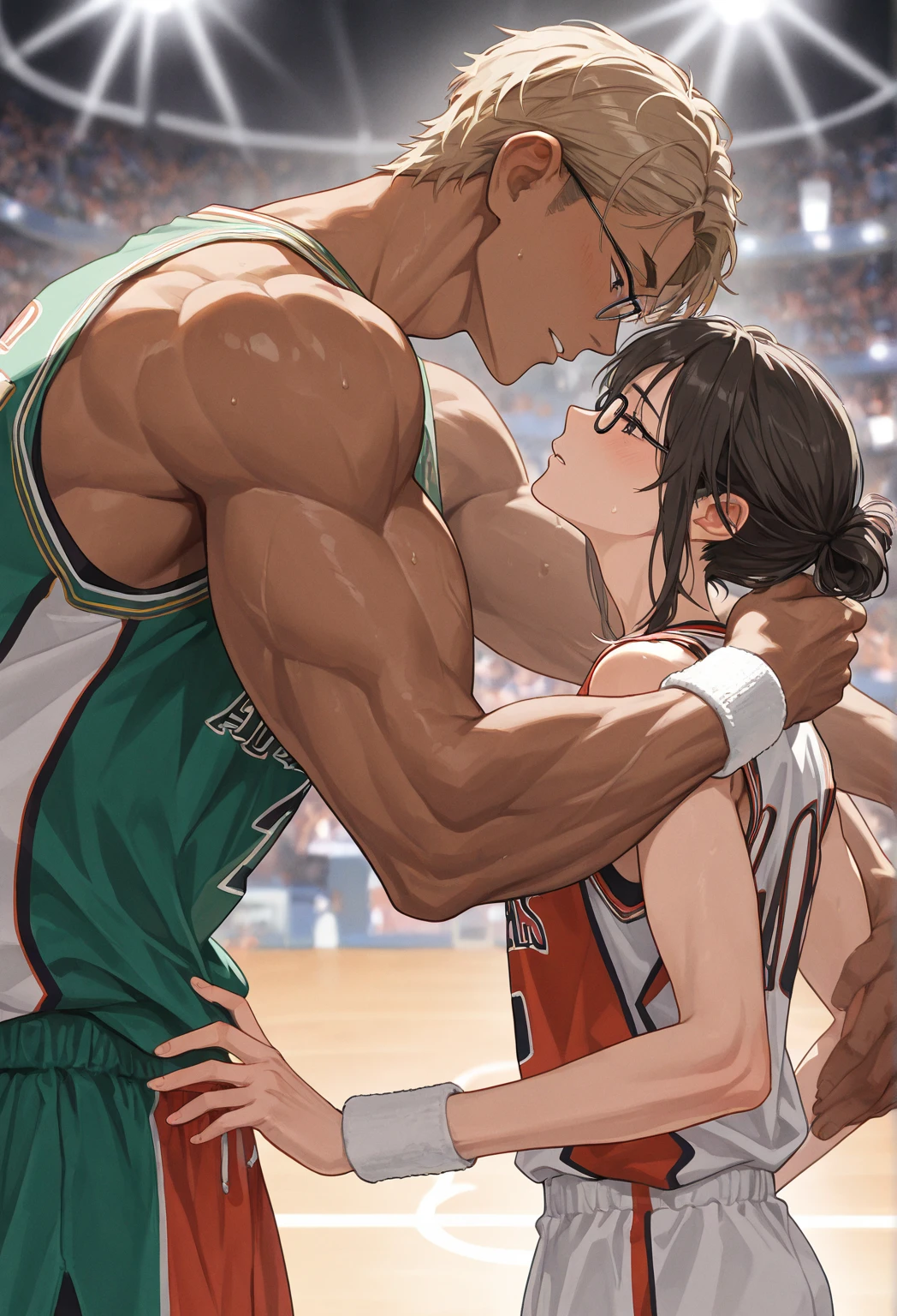 Two males, masculine, one has brown hair, one has black hair, both have blue eyes, one likes sports clothes, one like cute clothes, (no woman)