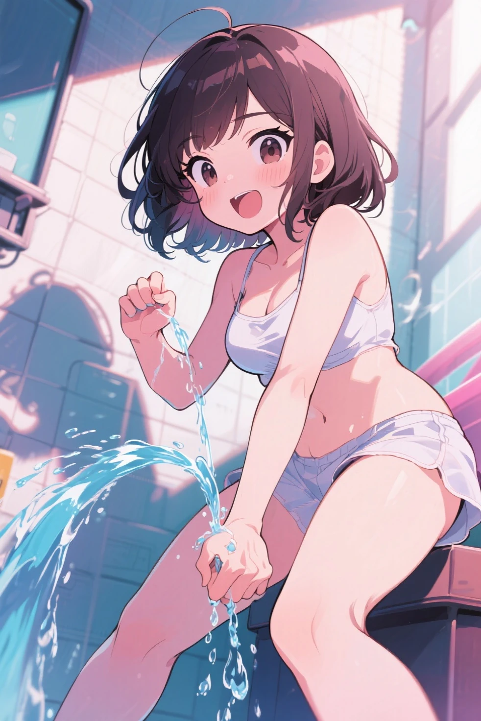 Cheerful girl、Sporty、tits、Swimwear、School Swimsuit、shower room、See-through T-shirt、Wet、Clothes that stick、oil、slimy、Pixie Cut、Reddish hair color
、high school girl、Gal、Earrings、older sister