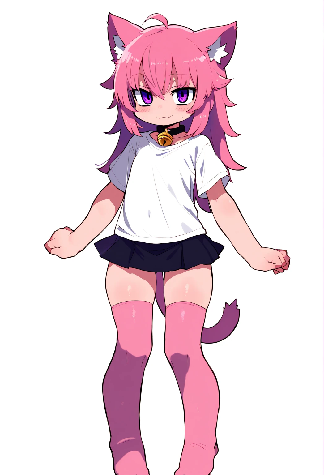 male anthro furry, teenage boy, serval, lavender colored skirt, white thigh high socks, white long-sleeve crop top, cute pose, smiling, light purple hair with black spots, hands on hips, diaper under skirt, showing off diaper