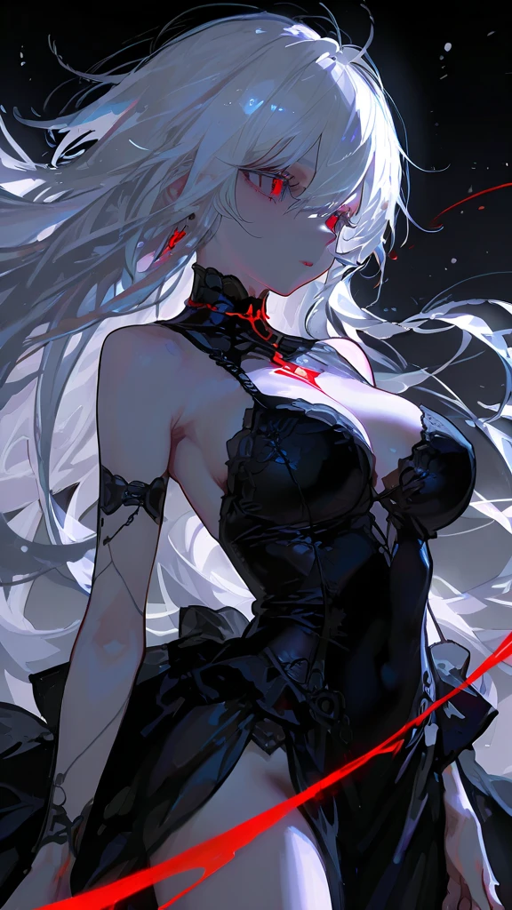masterpiece, super detailed, precision art, beautiful young woman, 18 years old, waist length straight silky black hair, flawless pale white skin, beautiful blood red eyes, symmetrical face, sexy and beautiful but dangerous and deadly, staring into her eyes is as if you are being marked by a predator, thick and plump blood red lips, slender and athletic body, modest breasts, modest curves, small round ass, tall height(180cm), wearing elegant yet battle ready French maid uniform, thigh-high stockings and detached sleeves, hip level shot