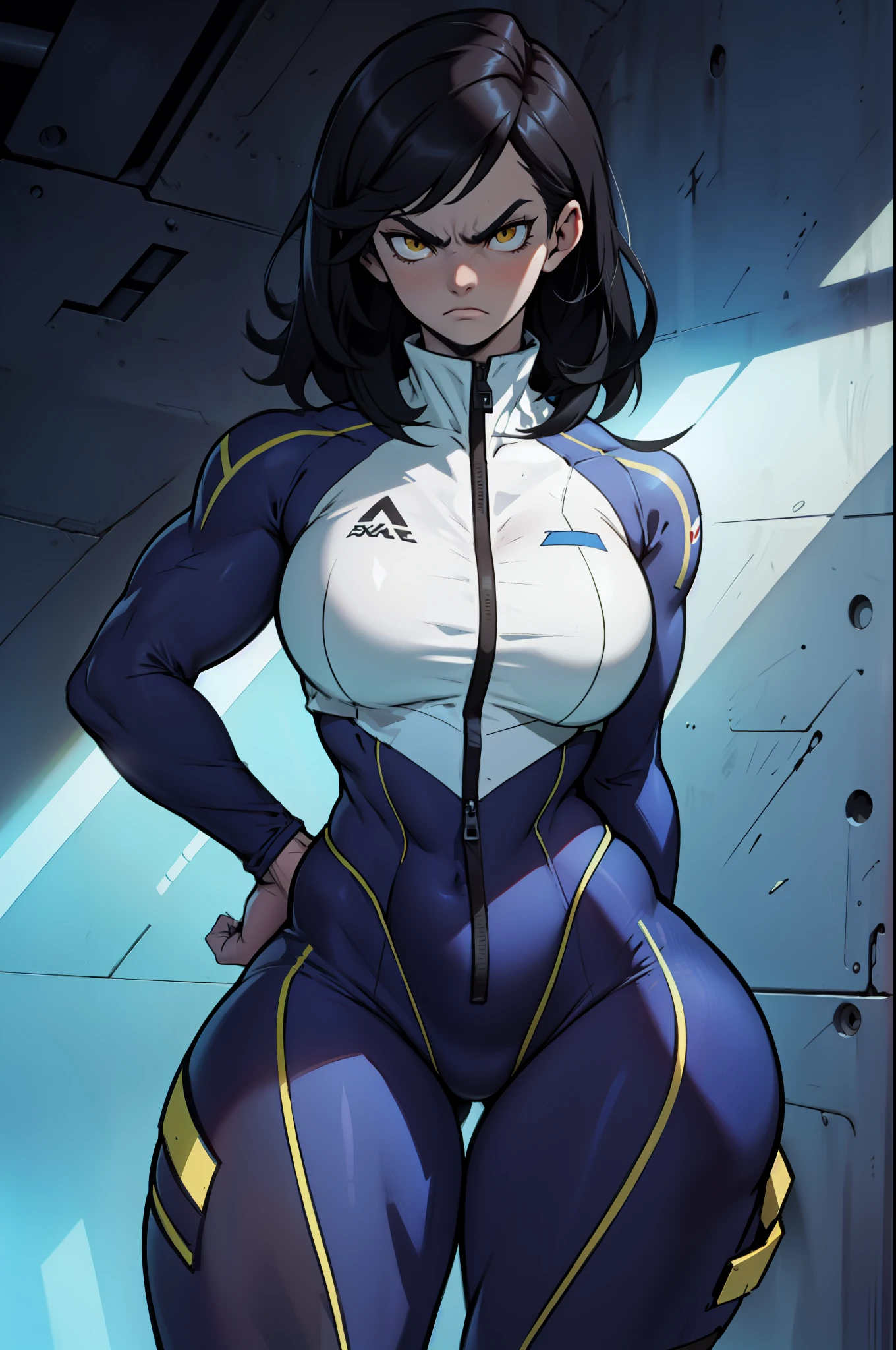 serious look sad empty eyes collant gymnast thick thick thick massive breasts muscular girl black hair yellow eyes pale skin