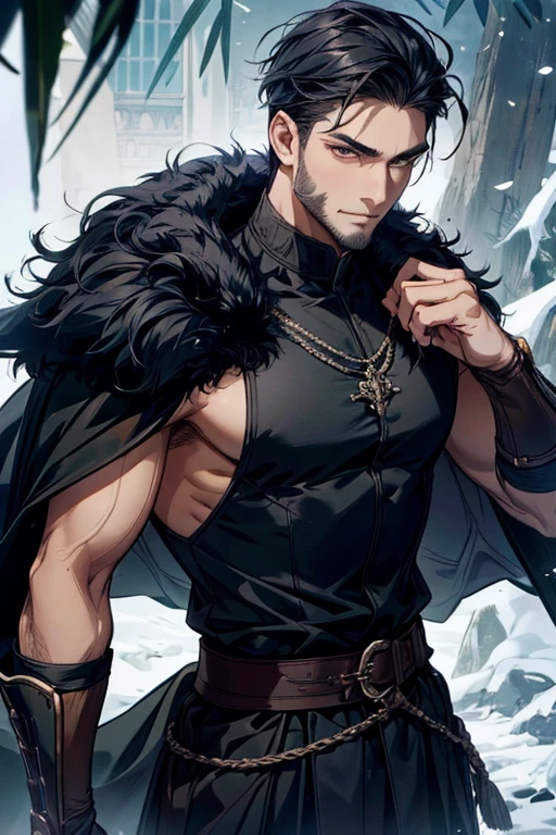 Poseidon Knife,a Greek god with hair and a long brown beard with some white strands,He has a tridnet in his hands,high evening,stark,full of thick and huge muscles,male from male,wearing ancient Greco-Roman vestments, he will be hugging the goddess Demeter,A GREEK GODDESS, with blond hair,beautiful face and body and green Greco Roman costumes that leave her body semi naked,Posseidon would be trying to grab Denter and she would be trying to escape from Posseidon, the two of them are in a forest with Greco Roman architecture