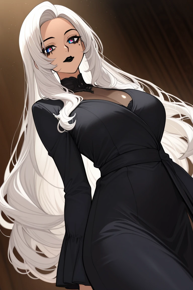 Illustration, detailed illustration, ultra detailed, dynamic angle, cowboy shot, 22 year old girl, beautiful, platinum blonde, long hair, wavy hair, cold blue eyes, pale skin, emotionless, disdainful, fancy restaurant, black formal dress, sitting, wearing engagement ring, showing ring to viewer, looking down at viewer, proposal