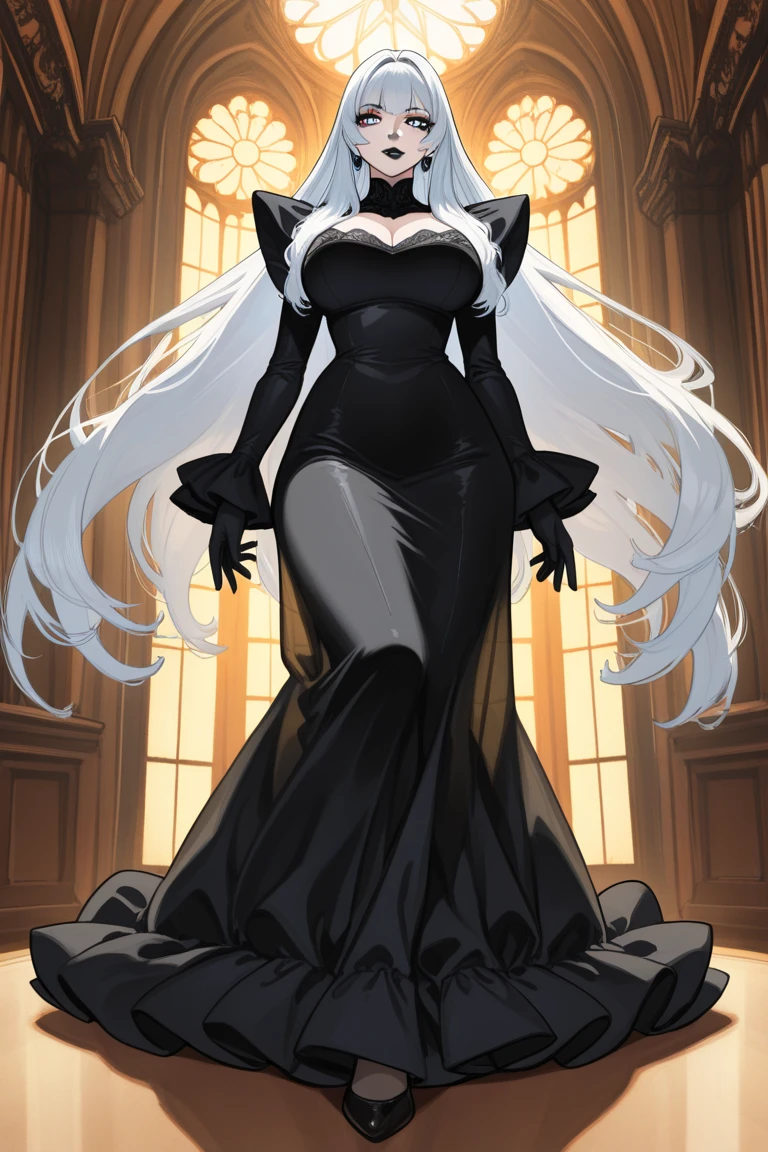 Full body anime picture of a female reaper ,white hair , Gold eyes , death  , black outfit , hood ,  leotard, french , puffy gown, ballgown , long stockings , 2 legs, intricately designed outfit, leggings , sleeveless gown , strapless gown ,intricately designed outfit ,