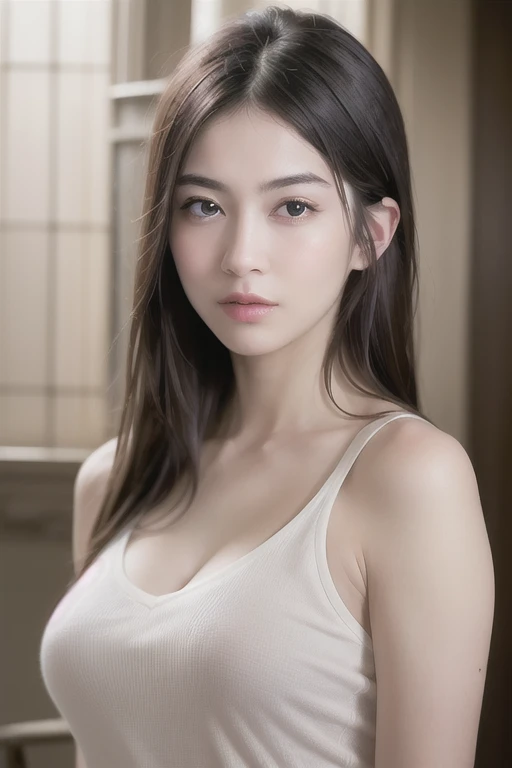 (1 Ultimate ultra hot beauty woman ), middle aged, short messy black hair, (casual sexy half opened wear), braid , damp, cleavage , cowboy shot, perfect lighting, (Photoreal), (Super detailed), (highest quality), (best shadow), (masterpiece), ultra high resolution, With background: (room at home)