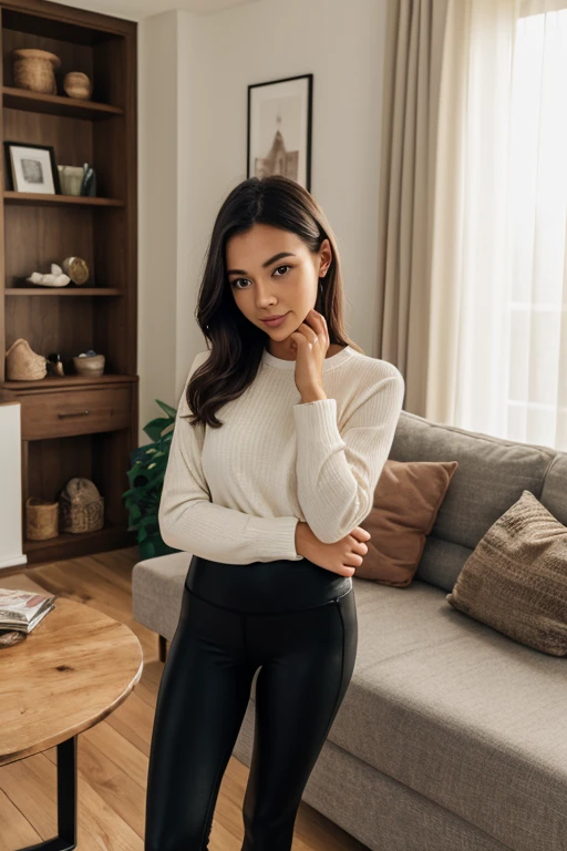 Generate an image that depicts Autumn's reaction to her 'search suggestion ban' on Twitter. Autumn, the charismatic influencer, should be portrayed at home, sitting in a cozy and stylish living room. She appears to be in her mid-20s, standing approximately 5'4" tall, with long, wavy chestnut hair cascading gracefully onto her shoulders. Her athletic hourglass figure, complete with a full bust, is highlighted by her outfit—a snug-fitting, stylish black top paired with form-fitting grey leggings. This outfit complements her physique and exudes confidence.
In this scene, Autumn should be sitting comfortably on a plush couch, holding her phone. Her expressive brown eyes should reflect her cheeky personality as she bursts into laughter while reading about her 'search suggestion ban' on Twitter. The room should have a chic and inviting decor, featuring warm, earthy tones that create a cozy atmosphere. Sunlight filters through the curtains, casting a gentle glow on the scene, emphasizing the sense of comfort and relaxation.
The image captures the essence of Autumn's resilient and cheeky personality, showcasing her ability to find humor even in challenging situations. Her relaxed and confident demeanor shines through as she enjoys a lighthearted moment. Intense look and makeup, symmetrical eyes, symmetrical face, photorealistic, photography, path tracing, specular lighting, volumetric face light, path-traced hair, visible shadows, intricate, elaborate, hyper-realistic.