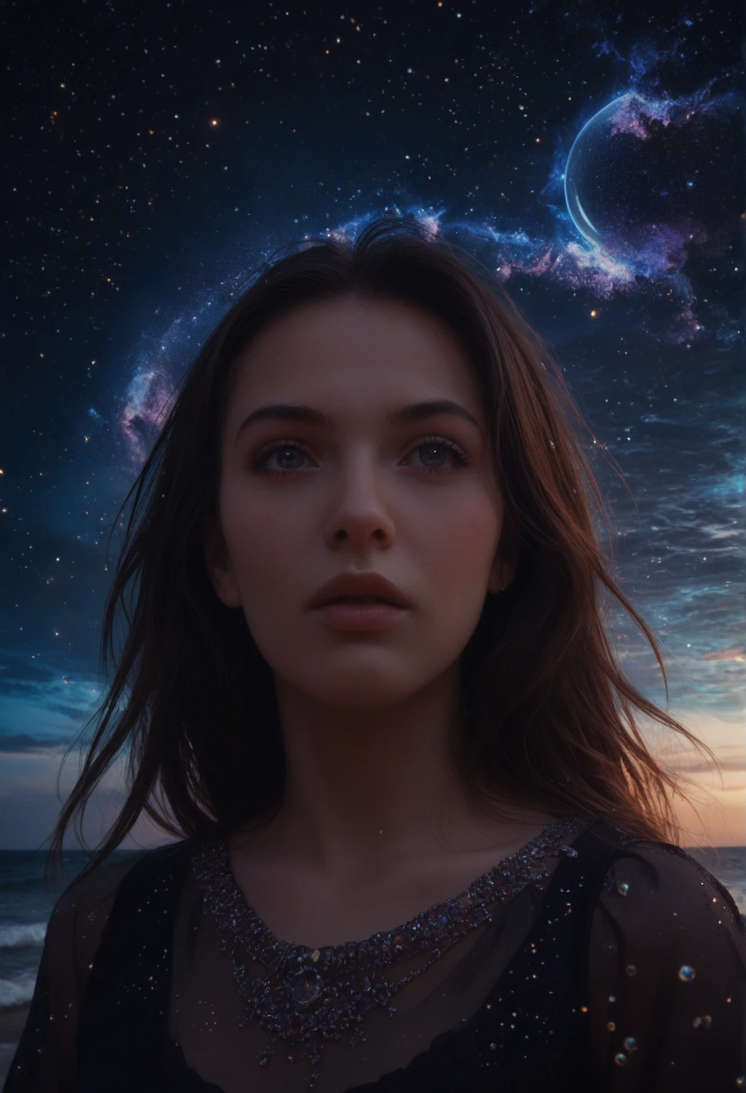 High detail, Super Detalhe, super high resolution, The girl enjoys her time in the fantasy galaxy, cercado por estrelas, Luz quente brilha sobre ela, The background is the starry sky with colorful galaxies and galactic clouds, Estrelas voavam ao seu redor, rosto delicado, Add a playful vibe , VFX surreal altamente detalhado,oc renderizado,Disparo com 70 mm - AR 16:9 --q 2 --s 1000