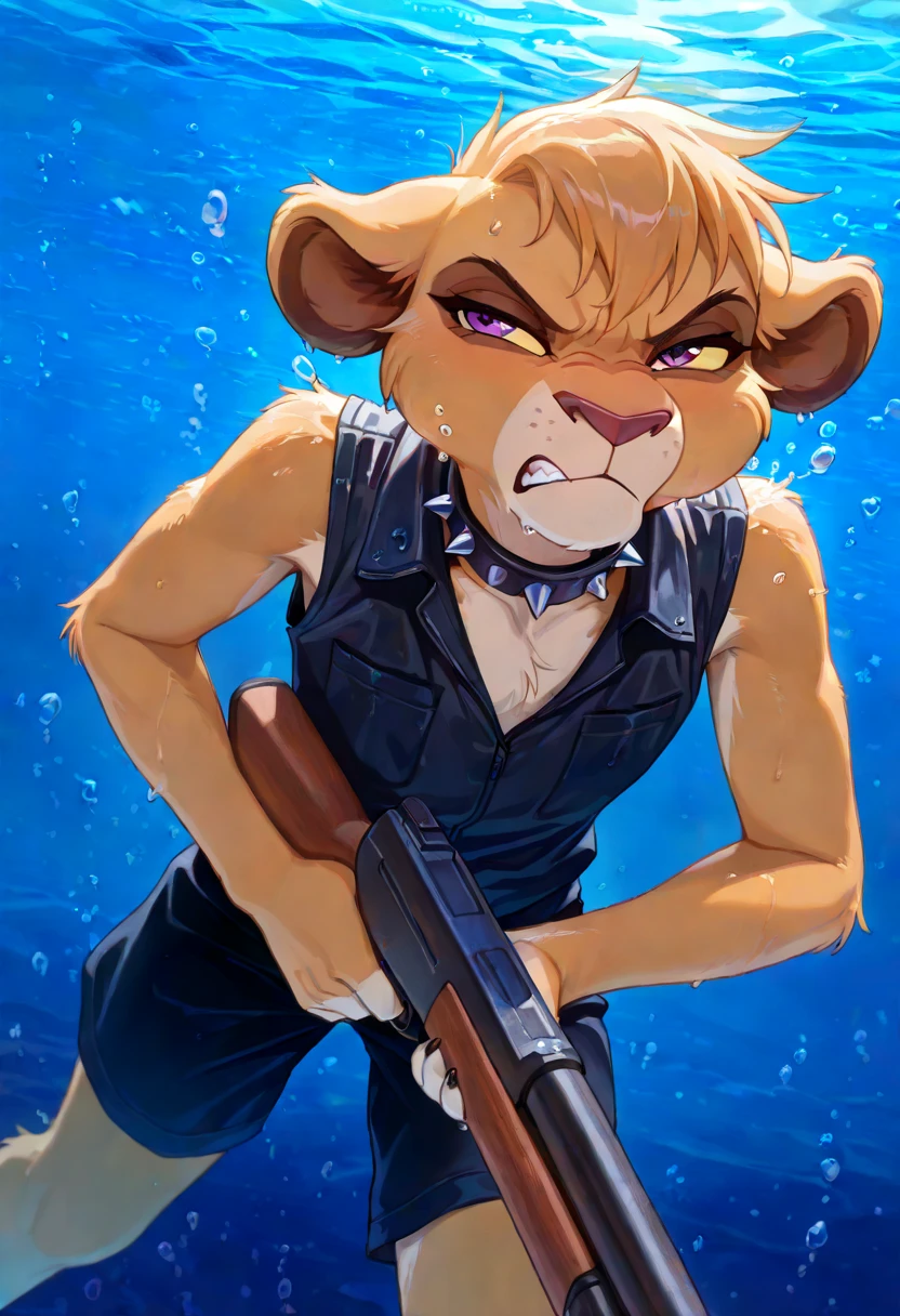 score_9, score_8_up, score_7_up, score_6_up, best quality, highly detailed, detailed fur, detailed background, Solo, anthro, 1girl, lioness, young,younger, black spiked collar, Vitani, purple eyes, yellow sclera, black vest, black shorts,underwater, swimming underwater, swimming horizontally, using arm strokes, puffed out cheeks, holding breath, squinting eyes, underwater, river, water, wet fur, in water, water surface above, river bottom below, dim light, angry, holding shotgun, shotgun