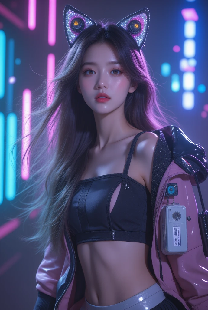 arafed woman standing in front of a wall with a cell phone, with neon lights, blackpink jennie, neon lights in the background, jisoo of blackpink, neon lights in background, jisoo from blackpink, krystal, tzuyu from twice, glowing with colored light, dilraba dilmurat, photo taken in 2 0 2 0, taken in 2 0 2 0