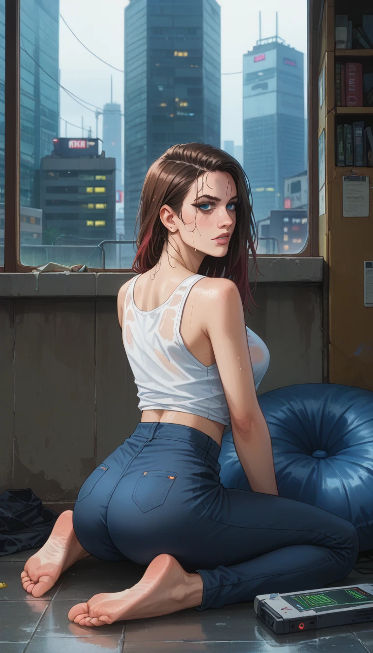 (Wide angle view), (looking away from camera:1.2), zoomed out photo, (entire body in frame), fit 24 year old woman in cute panties and loose tanktop sits in the windowsill of her large (round bedroom window:1.2), (staring wistfully out of window:1.2), (into outer space:1.3), sad, lonely, dim lighting, (cyberpunk bedroom on colony ship:1.3), (loose tanktop on woman side of breasts slightly:1.3), (Miyazaki style illustration:1.2), (undressing), surprised but naughty, (dynamic lighting:1.2), 8k, (detailed face and eyes:1.3), natural boobs, multicolored, (masterpiece), perfect hands, long legs, standing at the top.