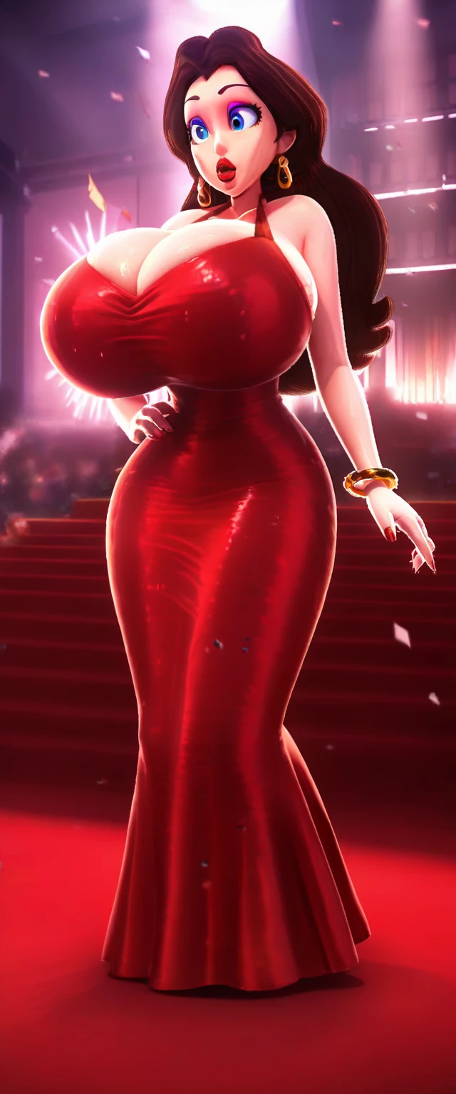 a girl lady big breast sexy attractive sensual sensitivity long red hair shine her blue eye eyelash painted purple soft red lip she dresses long red dress elegant glitter pair net sock black heel black thigh sensual sexy she singing theater lady
