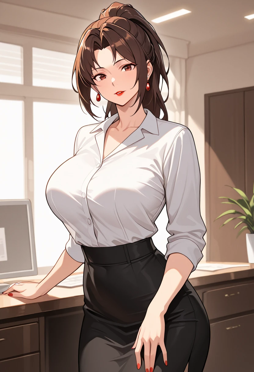 a woman sitting in the office room, a white wall, a grey table, posters on the wall, sexy poses,
(((masterpiece))), ((best quality)), ((intricate detailed)), ((Hyperrealistic)), absurd res, milf, mature woman, perspective, highly detailed, illustration, 1girl, ((big breasts)), perfect hands, detailed fingers, beautiful detailed eyes, long hair, brown eyes, nametag, CEO, (business outfit:1.2), open office shirt, cleavage, tight skirt, black choker, earrings, stockings, detailed background, bedroom, perfect eyes, seductive eyes, looking at the viewer, from front