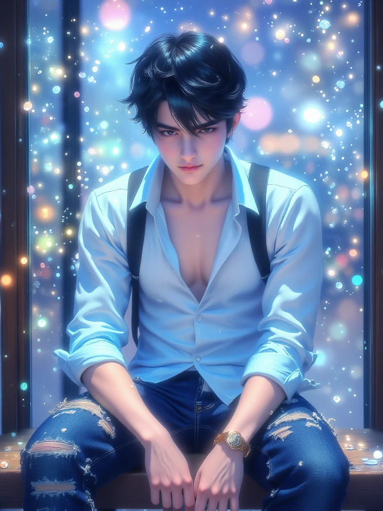 ((detailed digital art)),estilizado,(Very high resolution ),obra-prima,best quality,(Extremely detailed 8K CG portrait),(best digital painting),(artistic shading),stylized realistic lighting,expressive and beautiful brightness((21 anos))homem,black hair,MODERN CUT,jeans,blue collar blouse, black cap ,beautiful and striking,(masculo), sitting at the bus stop,moderno,model pose(((artistic portrait perspective of him)))