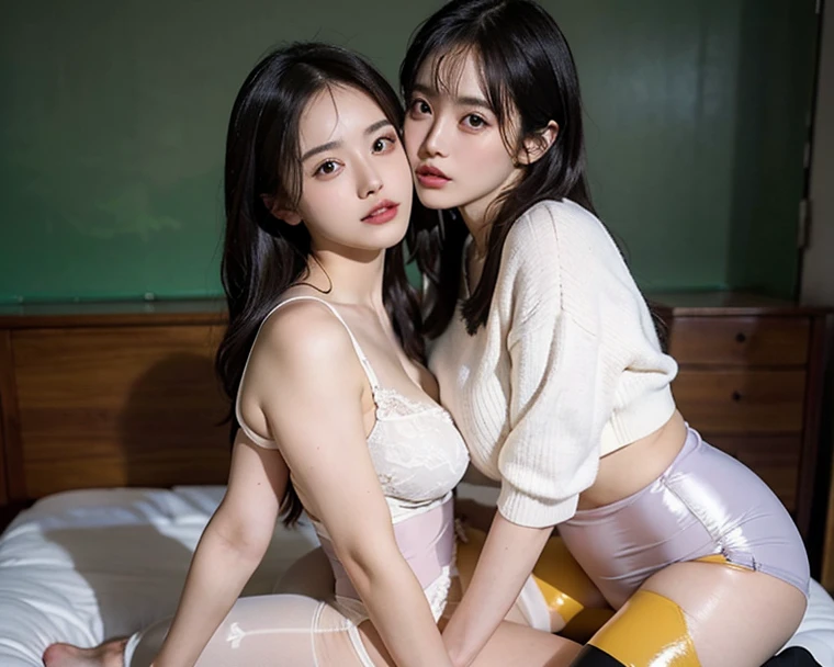 8K quality, Masterpiece, Bright lighting without shadows, Two busty women standing side by side, Super big breasts compressed by clothes, Whitening skin, Sparkling Blue Eyes, (Deep crimson sailor collar uniform), Pleated skirt, Above the knee, (Booty stretched and highlighted by hands:1.2), A posture where the waist is bent forward to emphasize the big buttocks, Wide cut white panties, grabbing own ass, His eyes are slightly narrowed and his mouth is open