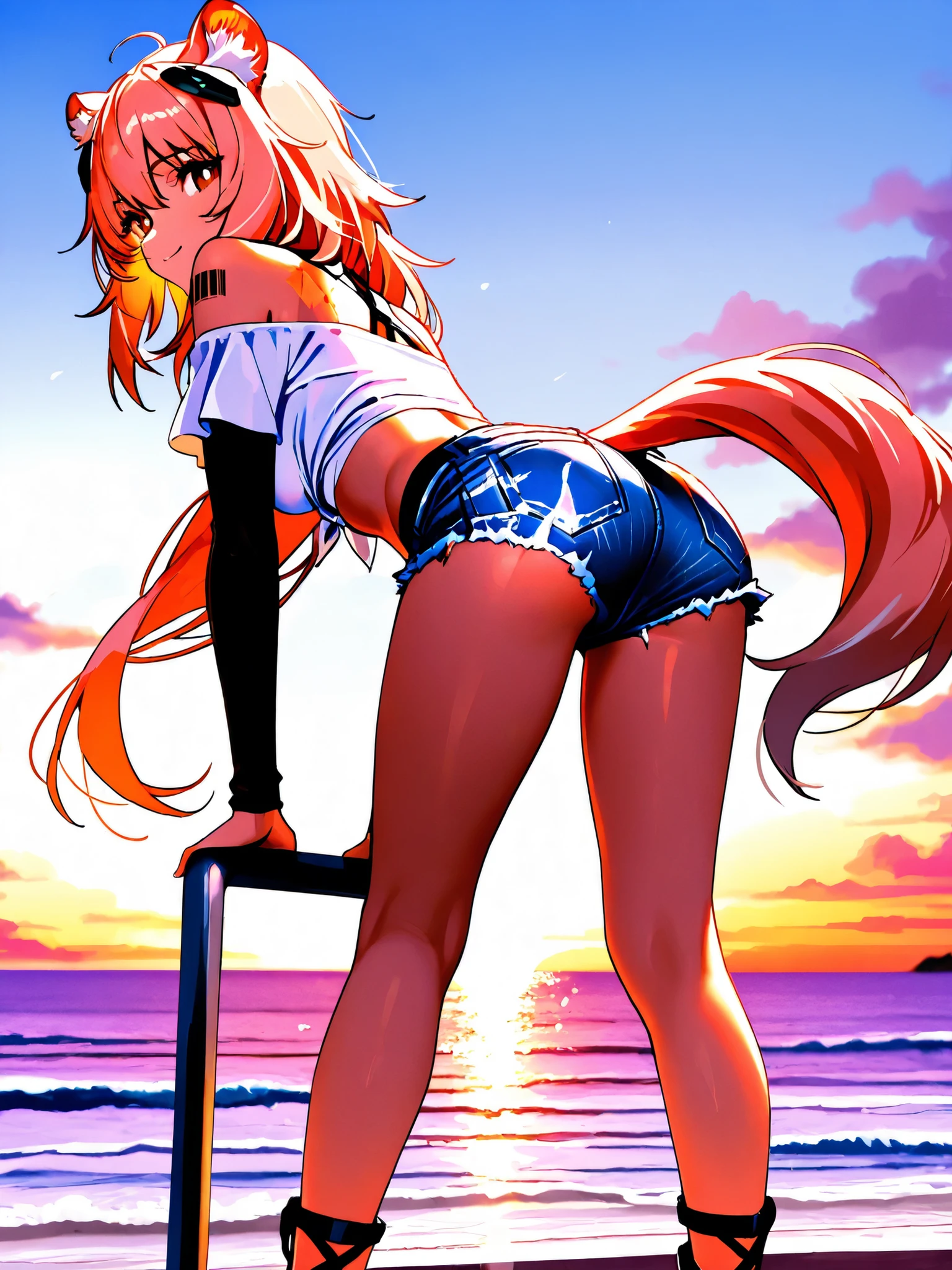 gravel(Arknights)kind smile、Suddenly eyebrows、brown eyes in the bedroom、Long hair and tail fluttering in the wind、Twilight at sunset、slender figure like an athlete、The details of the characters and background are clear {X} clothes are off-shoulder to create a décolletage line、damaged denim shorts、Compression bottom sandals、ocean and white sand、Sun setting over the sea、Twilight in the sunset and dusk、Looking back against the sunset、 Dazzling natural light, healthy light brown skin、With balanced exposure、Capturing the whole body from a higher angle、Barcode tattoo on the right shoulder