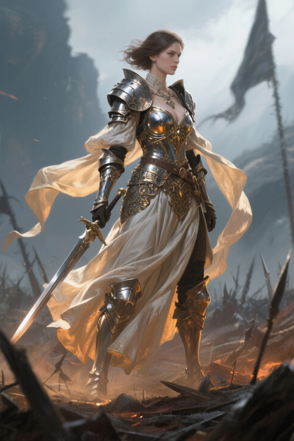 (Highest quality:1.3), cinematic shot, masterpiece, (sharp focus:1.5), (photorealistic:1.35),  medium portrait, (a weary-looking but still proud and fierce-looking beautiful english female warrior), (full body:1.4), (dynamic pose:1.5), now the leader of her village, (wearing a kings crown), dressed in (elaborately detailed plate, and leather armour), standing on a broken battlefield giving the scene a dark atmosphere but sculpting the forms in (sharp chiaroscuro), (highly detailed skin), (detailed face), holding a scepter, detailed background, volumetric lighting, intricate details, cinematic, good anatomy, good proportion, subsurface scattering, good composition, award winning, masterwork, UHD, 8k