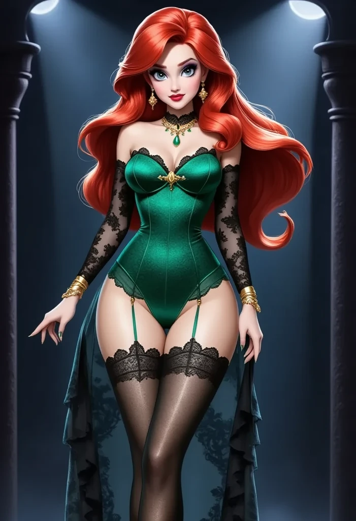 Jennifer Korbin in a long green dress, crimson hair, corset, leg slit, standing, seductive