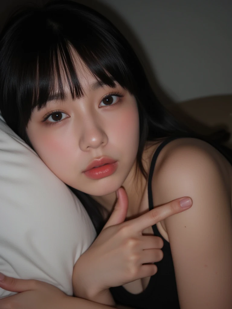 triangle-bikini,(open mouth:1.5),(tongue out:2),lying,hand on own chin,finger to own mouth,overhead shot,front view,face focus,(1girl,Beautiful 14 year old girl,ager),((Slender,Small breasts,Small face,)),(looking at viewer),Black Hair,bangs,straight,Beautiful and detailed,(Dimly lit room:1.5),White bed,pillow,Mischievous smile