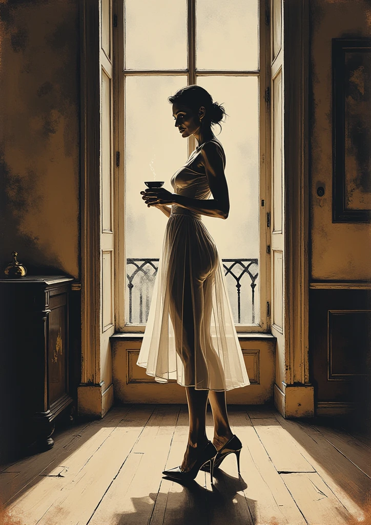 eroticism, sexy, transparent nightgown, luxurious room, luxurious bed, open terrace with views of the landscape, tmari, sketch, traditional media, pen drawing, white background (art inspired by Bill Sienkiewicz). oil painting)
