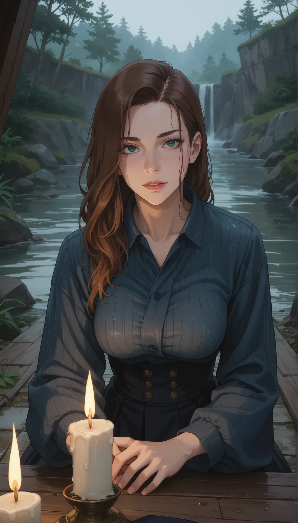 A girl with a nice body and nice breasts sits curled up on a beach porch, wrapped in a heavy blanket. Rain falls rhythmically off the roof edges. Her perfect eyes are half-closed as she sips tea, her perfect face lit warmly by a nearby candle. A soft, cinematic rainy-night mood fills the air.
