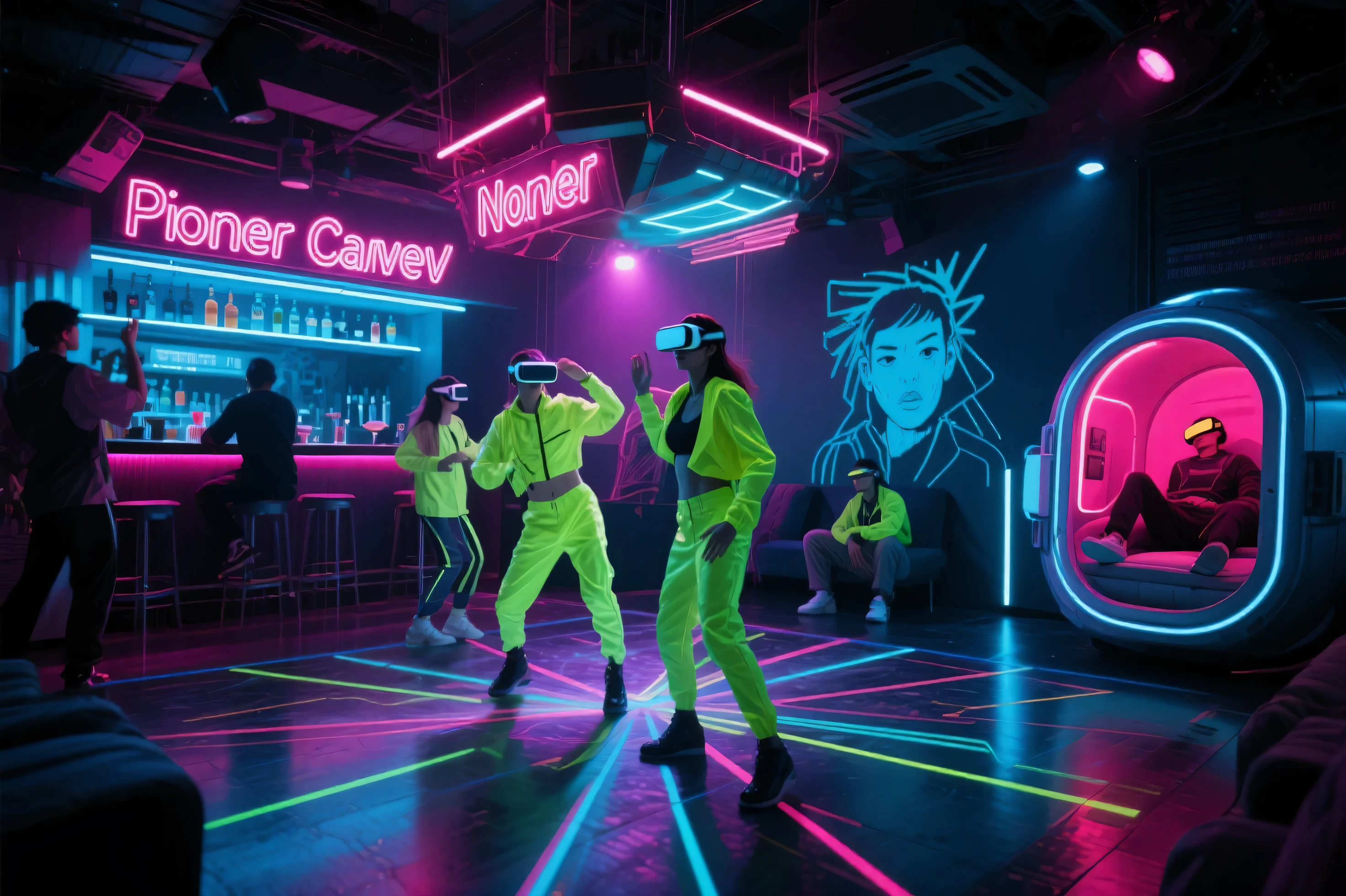 Name「Neon Cave」Pioneer Nightclub,Functional style clothing,Virtual projection interacts with real dancers。where installation art、electronic music and experimental mixology。
Virtual projection on the dance floor,blurs the boundary between reality and illusion。
The guest wears fluorescent material suspended in the center of the dance floor,Wobble on VR glasses,created by the Hong Kong Tourism and Development Board in collaboration with the artist {x} Occasionally, illustrators crouch in the corner Sketch the faces of living beings in neon light and shadow。
A cyberpunk-style immersive bar,reflects psychedelic laser light。in the corner,guests lie in a capsule cabin