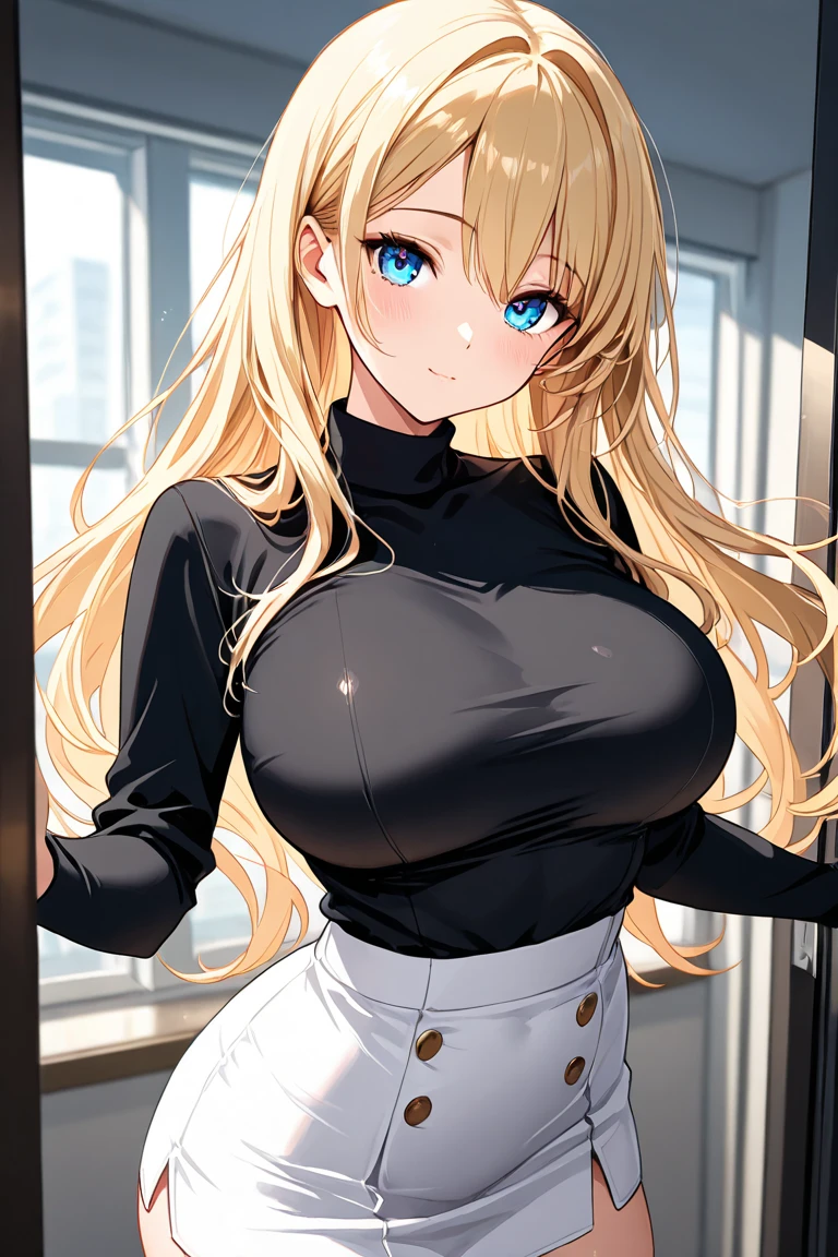 masterpiece, best quality, AiHayasakaV4, 1girl, solo, looking at viewer, blush, blue eyes, blonde hair, hair ornament, hair between eyes, nail polish, side ponytail, v, scrunchie, hair scrunchie, blue nails, blue scrunchie, 1girl, pantyhose, solo, skirt, open_mouth, large_breasts, black_pantyhose, mole, mole_under_mouth, purple_skirt, long_hair, black_sweater, turtleneck, pleated_skirt, open_clothes, smile, sweater, long_sleeves, shirt, sweatdrop, miniskirt, city, night, outdoors, street, jewelry