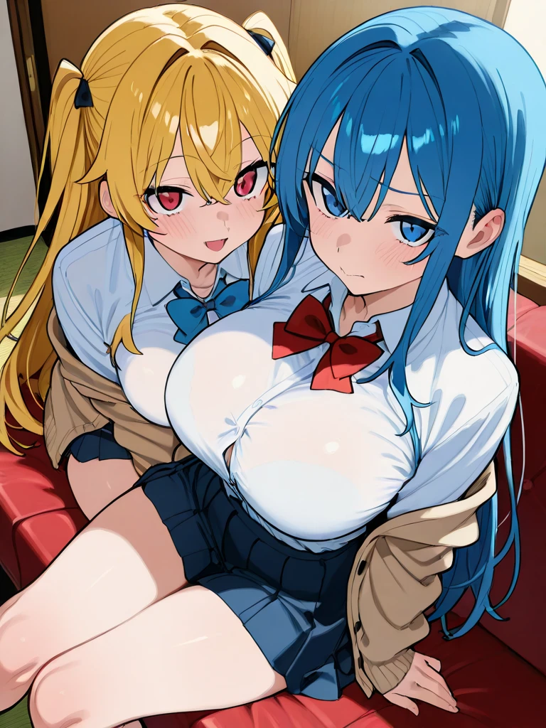 score_9, score_8_up, score_7_up, source_アニメ, highest quality, masterpiece, 1girl and 1boy, (1boy femnin, otokonoko, femboy, long hair), futa is male, futa is bigger, femdom, forced, uncensored, Crossdresser gives blowjob to futanari girl's penis