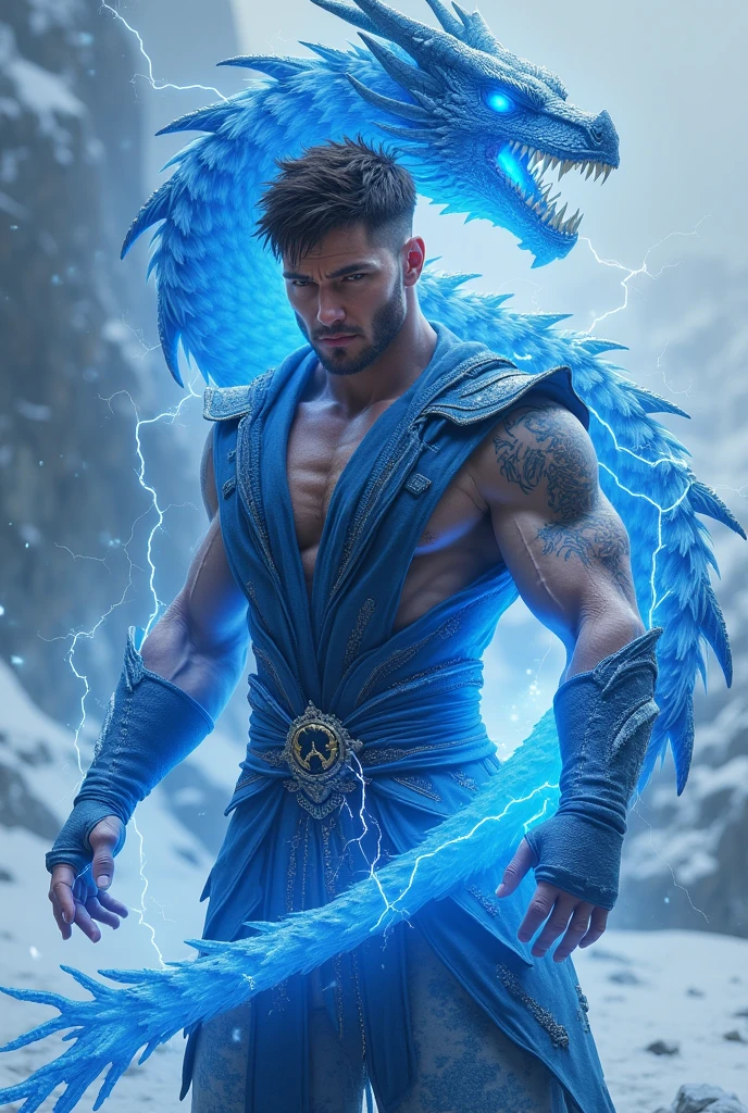 One realistic male with blue eyes and a muscular body with long hair magical aura, flying in air in a magical fantasy world at night glitters all over