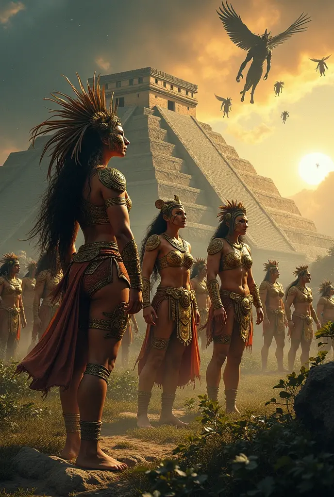 Jaguar Warriors, crossed, amazons, Vikings, wearing golden armor, with the blessing of Quetzalcoatl, fighting together in an epic war against space invaders, Teotihuacan 