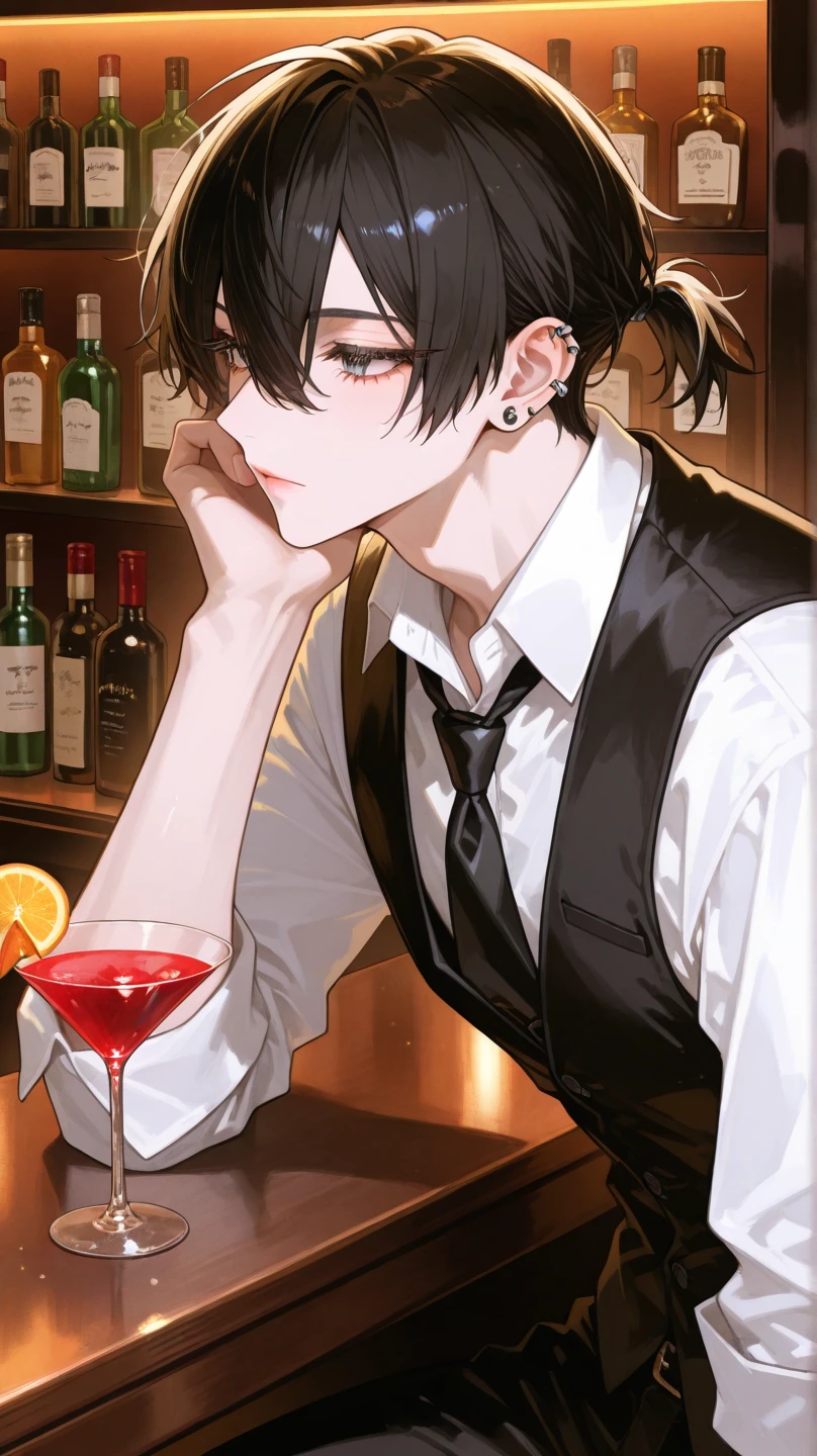 (Best quality, 4k, 8k, High resolutions, Masterpiece: 1.2), Ultra detailed, realistic: 1.37, HDR, UHD, Studio lighting, Extremely detailed description, Professional, Vivid colors, Bokeh, Portraits, Anime, Warm tones, soft lighting, Dynamic angle, Lively atmosphere, Bartender skills, Oriental Asian style clothing, Charismatic smile, Flirty look, Unique cocktails, classy Oriental Asian style glassware, elegant Oriental Asian style bar counter, polished wooden surface, impeccable cleanliness, colorful drink ingredients, fresh fruits, shiny ice cubes, creative Oriental Asian style drink presentation, smoky atmosphere, dimly lit bar, fun shadows, lively customers, energetic conversations, sophistication atmosphere, nightlife, Oriental Asian atmosphere, expert mixologist, mixologist, bartender tool kit, hanging wine glasses, vintage liquor bottles, Asian oriental style art decor, let the bar tender be 1 boy/man/man, long black hair, purple eyes, red lips , white skin, with Asian Oriental style clothing