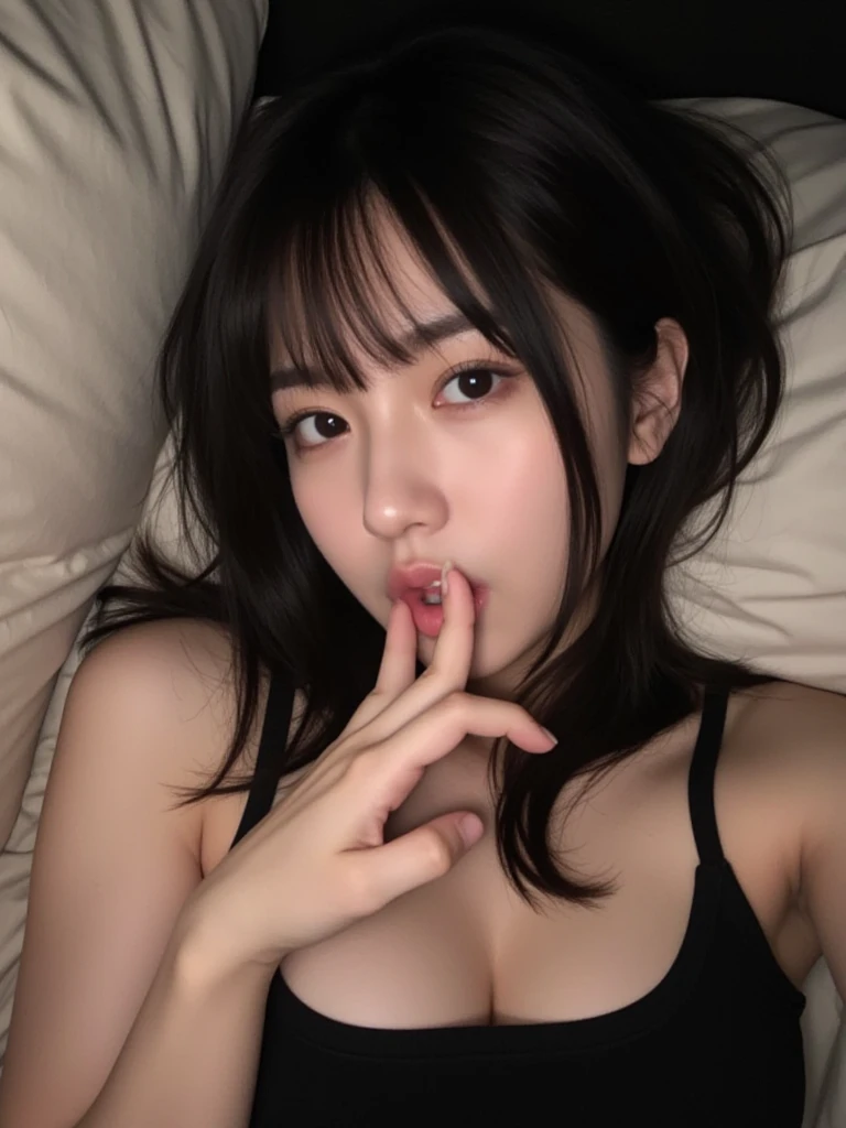 (Best quality, 8K, 32K, Masterpiece, hyper HD: 1.3, top quality, realisticity, advanced depth of field), 1 girl, open mouth, looking at you, an look of orgasm, Lick lip, an look of enjoyment, overly excited horny expression,on the bed, perfect cleavage, fellatio gesture, extremely detailed, perfectly beautiful Asian korean, perfect cleavage, tank top that enhances great cleavage shape: 1.2, sharply focused cleavage line, strong winged eyeliner makeup,perfect breast shape, enhanced cleavage shape, raised eyebrows, push up cleavage, perfect eye make up, perfect fellatio gesture, five fingers, blushing hard, perfectly done nails, sensual fingers, chubby round face, delicate facial features,