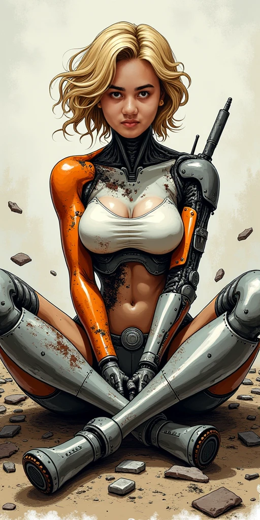 (((devilish smile))), (((tangerine suit))), (((white hair bob haircut))), (((metallic arms))), (((muscles))), (((Colossus))), (((X-man))), (((melhor qualidade: 1.4))), (((full metal))), (((DuneWalker))), (((post-apocalypse))), (Unbeatable masterpiece), (hiper HD),(CG 8k hiper-realista), 1Garota armada em um mundo futurista usando roupas coloridas e modernas. Corte de cabelo ultra moderno, perfect body with robotic parts, seios grandes, bunda perfeita, muscles without exaggeration, rosto lindo com olhos azuis penetrantes, add textures to clothes and create something different from the usual, add accessories like garter belt, espartilho e luvas com listras, pele bronzeada e com brilho de molhado, industrial environment with giant heavy machines, Intricate machinery and giant robot parts