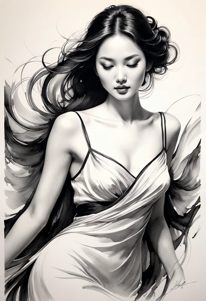 Chinese traditional ink body art style, (Use simple lines to outline a woman’s graceful figure),Take a step back, undulating lines, Thick and thin lines, (body art),
line art, Black and white painting,character drawing,line art,lyrical abstraction, Fountain Pen Art,Gel Pen,crayon art,