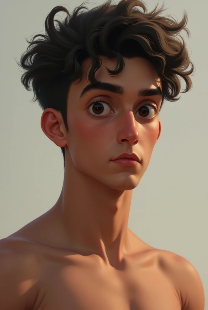 a tall boy (1.75), delgado, light tan, dark brown eyes and short black hair, bushy eyebrow, aquiline nose and a strong chin, clean shaven