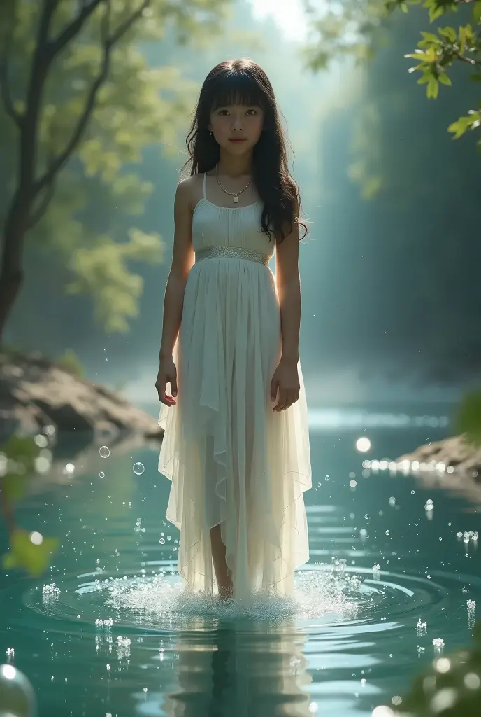 Create a video with a girl. Very young, white dress, wet