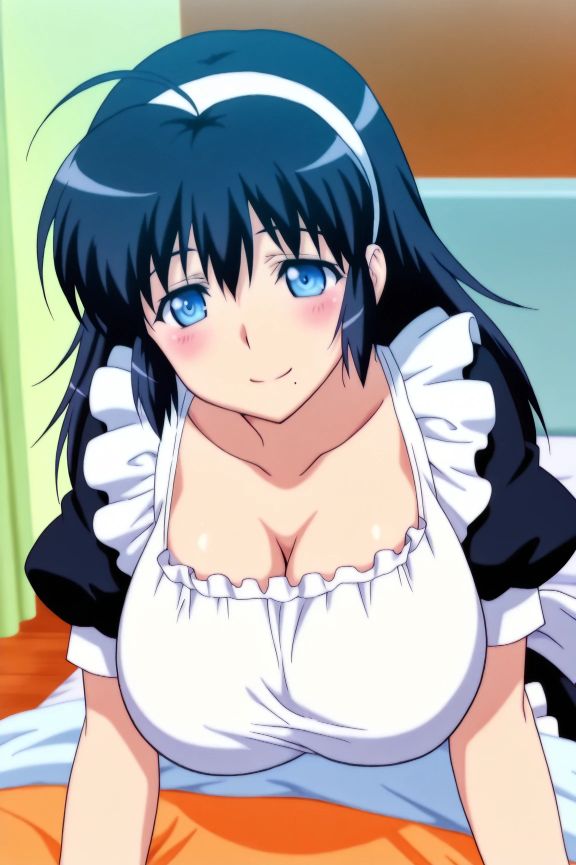 one-girl,(Wearing a maid outfit,Long black stockings,),black_Hair,Blue eyes,pony tails,bangs,Long hair, 1 girl, 20yr old,younger female,Beautiful Finger,Beautiful long legs,Beautiful body,Beautiful nose,Beautiful character design, Perfect eyes, Perfect face,Expressive eyes,Perfect balance, view the viewer,(Focus on her face),(Innocent_Swallowing_Eyes:1.0),(Light_Smile:0.3), offcial art,Extremely detailed CG unifies 8K, 8K, Diamond, and wallpaper, Perfect lighting,Colorful, Bright_Front_face_lighting,White skin, (Masterpiece:1.0),(Best_quality:1.0), 超A high resolution,4K,Ultra-detailed, Photography, 8K, hdr, (Wearing black stockings),(In the rental house,Tummy position,get down on the bed ),A high resolution, absurderes:1.2, Kodak Portra 400, filmgrain, The background is blurred out, Bokeh:1.2, Lens flare, (vibrant_Color:1.2),profesional photo,(Beautiful_face:1.5),(Narrow_waistup),(medium boob,Be red in the face,Blushlush,perspire,full of sweat,Enchanting expression,The chest is exposed,very uncomfortable expression),(The face is very red,Blushlush,shyexpression,Wear a thick necklace around your neck),(((Spray water on your face,Spray water on your face))),(There is water vapor,There is water vapor),