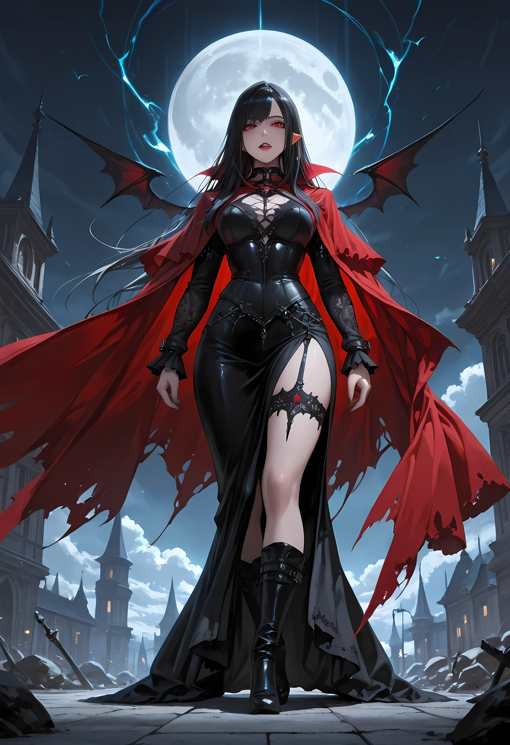 fantasy art, gothic art, (masterpiece:1.5), full body best details, highly detailed, best quality, Glowing Purple, highres, full body portrait of a vampire, elf (Masterpiece, best quality: 1.6), ultra feminine, wizard, (intricate details, Masterpiece, best quality: 1.5) with a long curvy hair,  black hair hair, (red: 1.2) eyes, (fantasy art, Masterpiece, best quality), ((beautiful delicate face)), Ultra Detailed Face (intricate details, fantasy art, Masterpiece, best quality: 1.5), [[vampiric fangs 1.5]] (red cloak: 1.3) , flowing cloak (intricate details, fantasy art, Masterpiece, best quality: 1.3), wearing an intricate (blue:1.3) dress (intricate details, fantasy art, Masterpiece, best quality: 1.5), high heeled boots, urban background (intense details, beat details), fantasy, at night light, natural ,moon light, clouds, gothic atmosphere, soft light, dynamic light, [[anatomically correct]], high details, best quality, 8k, [ultra detailed], masterpiece, best quality, (extremely detailed), dynamic angle