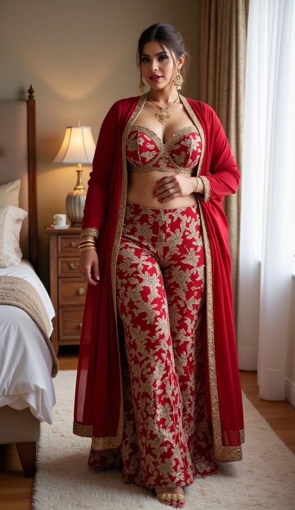 (full body shot:1.5), (Masterpiece:1.1), standing position, 1girl, solo girl, 20 year old girl, ultra realistic face, hyperrealistic, hyperdetailed, (looking at viewers), sharpen, detailed face, detailed eyes, detailed lips, red lips, beautiful face, 16k, FHD , raw photo, cute face mesh, pretty face mesh, girl in luxury office, beautiful hair style, hair tied, intricate, extremely detailed, (perfect , long areola, perky , close cleavage), scattering surface, ultra realistic texture, smooth skin, realistic face, red lip, glow face, very_high_resolution, perfect figure beautiful curved body, fit body, (elegant high heel), ponytail hair style, club hair ornament, ((embroidery fancy kurta), beautiful embroidery luxury kurta, fancy kurta, skinny sleeves, fancy leggings),
