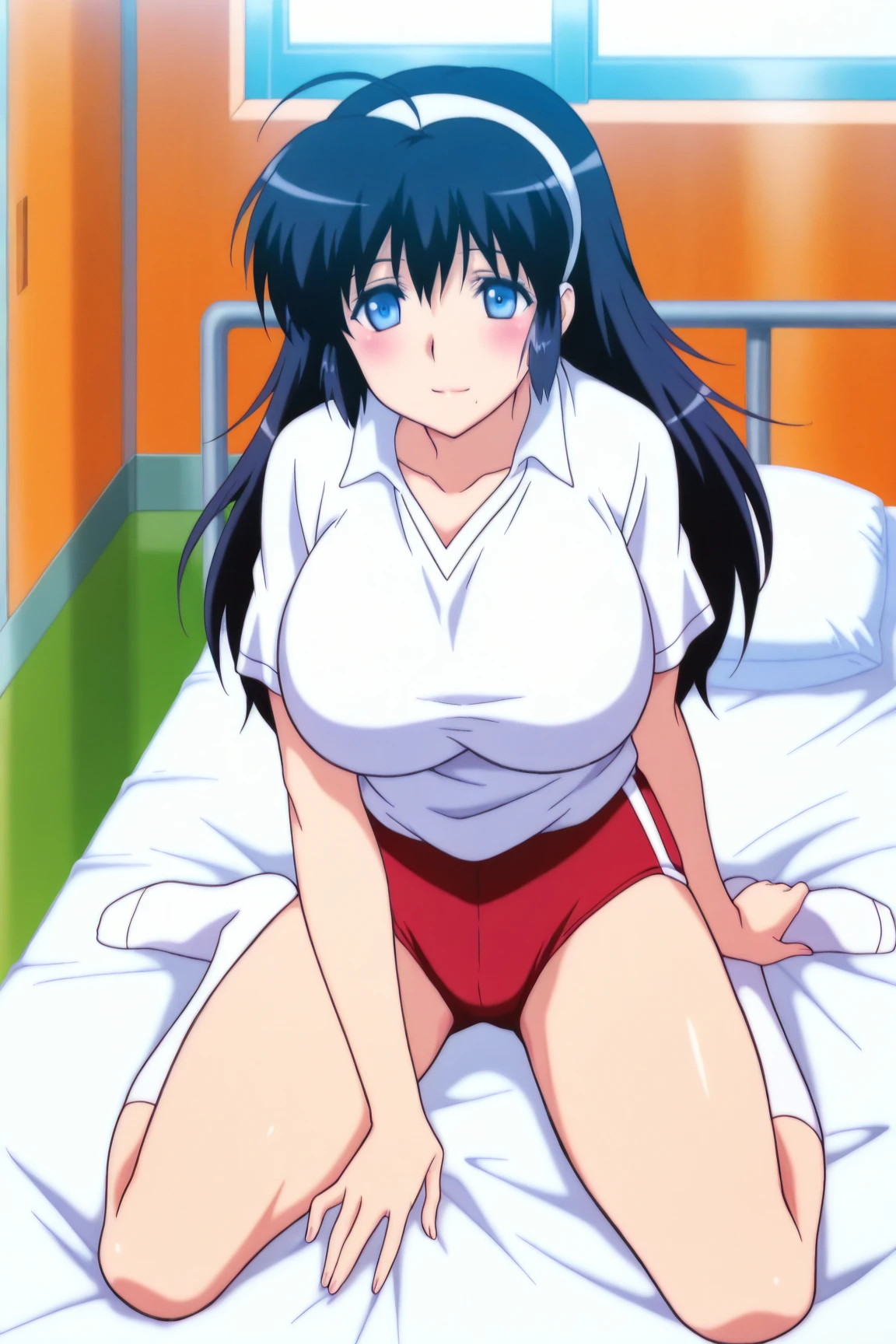 Simple white background, ???? shoulders,Green_Sportswear,Sleeveless,鎖骨,black_Shorts, black_Hair,Blue eyes,pony tails,bangs,Long hair, 1 girl, 20yr old,younger female,Beautiful Finger,Beautiful long legs,Beautiful body,Beautiful nose,Beautiful character design, Perfect eyes, Perfect face,Expressive eyes,Perfect balance, view the viewer,(Focus on her face),Closed mouth, (Innocent_Swallowing_Eyes:1.0),(Light_Smile:0.3), offcial art,Extremely detailed CG unified 8K wallpapers, Perfect lighting,Colorful, Bright_Front_face_lighting,White skin, (Masterpiece:1.0),(Best_quality:1.0), 超A high resolution,4K,Ultra-detailed, Photography， 8K， hdr， A high resolution， absurderes：1.2， Kodak Portra 400， filmgrain， The background is blurred out， Bokeh：1.2， Lens flare， （vibrant_Color：1.2），profesional photo， (Beautiful,Large_???????:1.4), (Beautiful_face:1.5),(Narrow_waistup),（Bigboobs，Be red in the face，Blushlush，perspire，full of sweat，Enchanting expression，The ????? is exposed，Very uncomfortable expression），（Lie down in bed，Raise your legs）