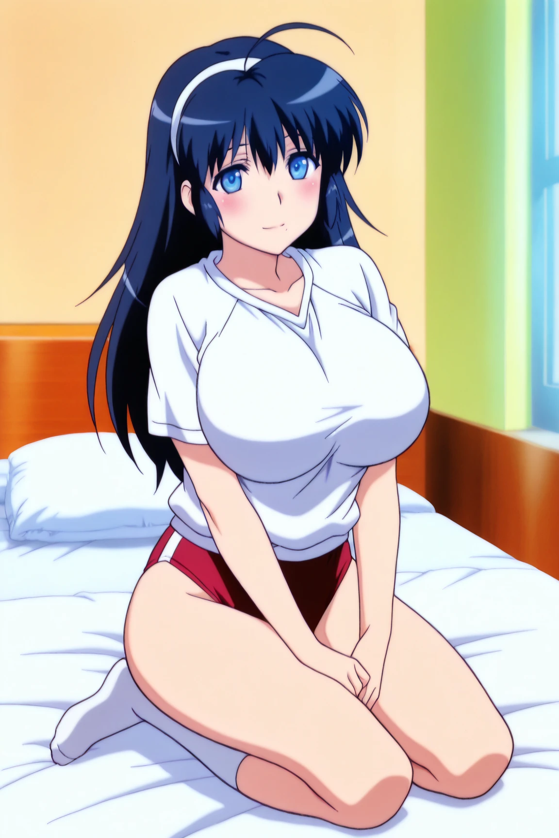 absurdres, ultra detailed, high resolution, 1girl, from behind, lying on bed, posed photo, wide-angle photo, perfect anatomy, big ass, (buruma), gym uniform, white t-shirts, gigantic breasts, Tougou_mimori, long hair, light blue eyes, black hair, ribbon, naughty smile, embarrassed look, anime, anime screencap,