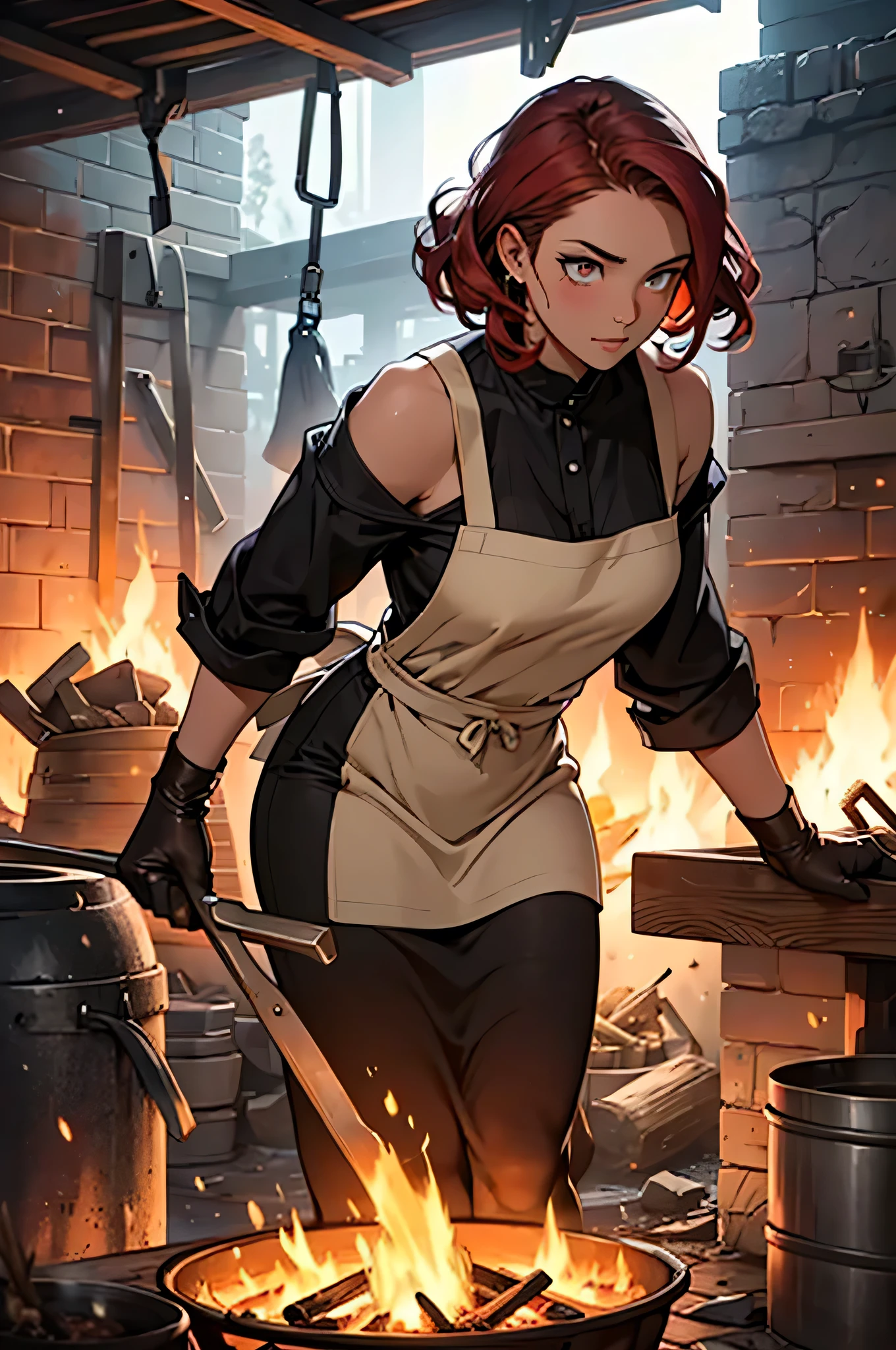 Medieval Female Blacksmith (solo:1.5), (title: "Iron Maiden"), set in a dimly lit forge, (best quality), ultra high res, ultra detailed, (photorealistic:1.4), hands covered in soot, hammer raised high, glowing embers reflecting off her steel-grey eyes, intricate patterned apron, long auburn hair tied back, strong jawline, robust physique, (detailed:1.2), sweat dripping down her forehead, focused intently on her work, muscles flexing with each strike, anvil and bellows in the background, (8k), HDR, crisp focus