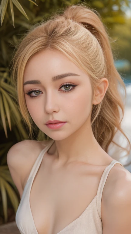 ((Best quality, 8k, Masterpiece :1.3)), Sharp focus :1.2, Perfect body beauty: 1.4, Slim abs: 1.2, ((Dark pink blonde hair and bangs, Big breasts: 1.2)), (Natural light, City street: 1.1 ), highly detailed facial and skin textures, detailed eyes, double eyelids, pink eyeshadow, white sports bra, (((Dynamic Angle)))