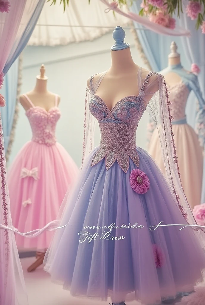 A dress transparent, glass, pink, gem, details, detailed scene, magical items, highly detailed scene, masterpiece, 3D, sculptural, textured, handmade, vibrant, fun, Textured, distressed, vintage, edgy, dirty, noisy