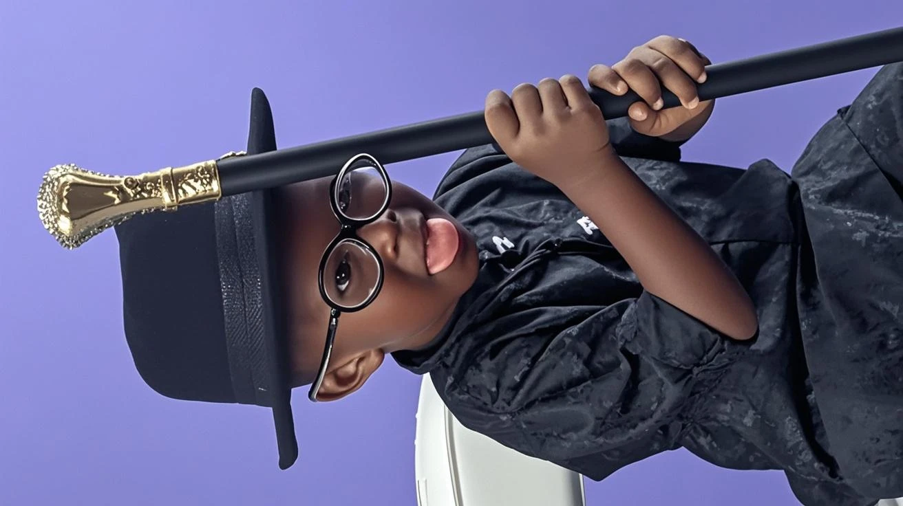 cbzbb, Black child with round glasses with lenses of dark brown color, urban style, neutral background, school backpack and headset on the neck. Blue background color. (child:1.3) --auto --s2