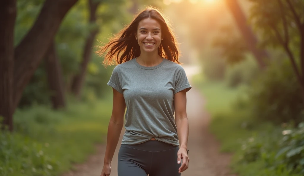 Create a realistic portrait of a 30-year-old female nutritionist with shoulder-length dark brown hair and warm, friendly eyes, enjoying an outdoor activity. She is dressed in casual, sporty attire, like a t-shirt and yoga pants, with a backdrop of a sunny park or trail. The setting and her active stance highlight her belief in a healthy, balanced lifestyle that includes physical activity.