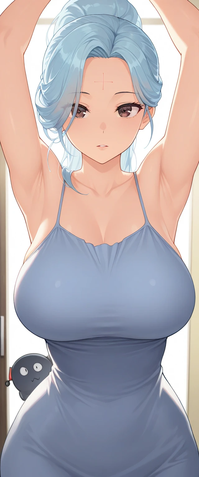 official art, no text, \(blue archive\) \(oshi no ko\), breasts, big breasts, two-tone hair, long bangs, short hair, hair over eyes, hair cover eyes, white hair, grey sports bra, white yoga pants, mature, thick, milf, breasts, sweat, white background, sitting, close-up, ankle to head, view from front 1.1, depth of field, masterpiece, best quality