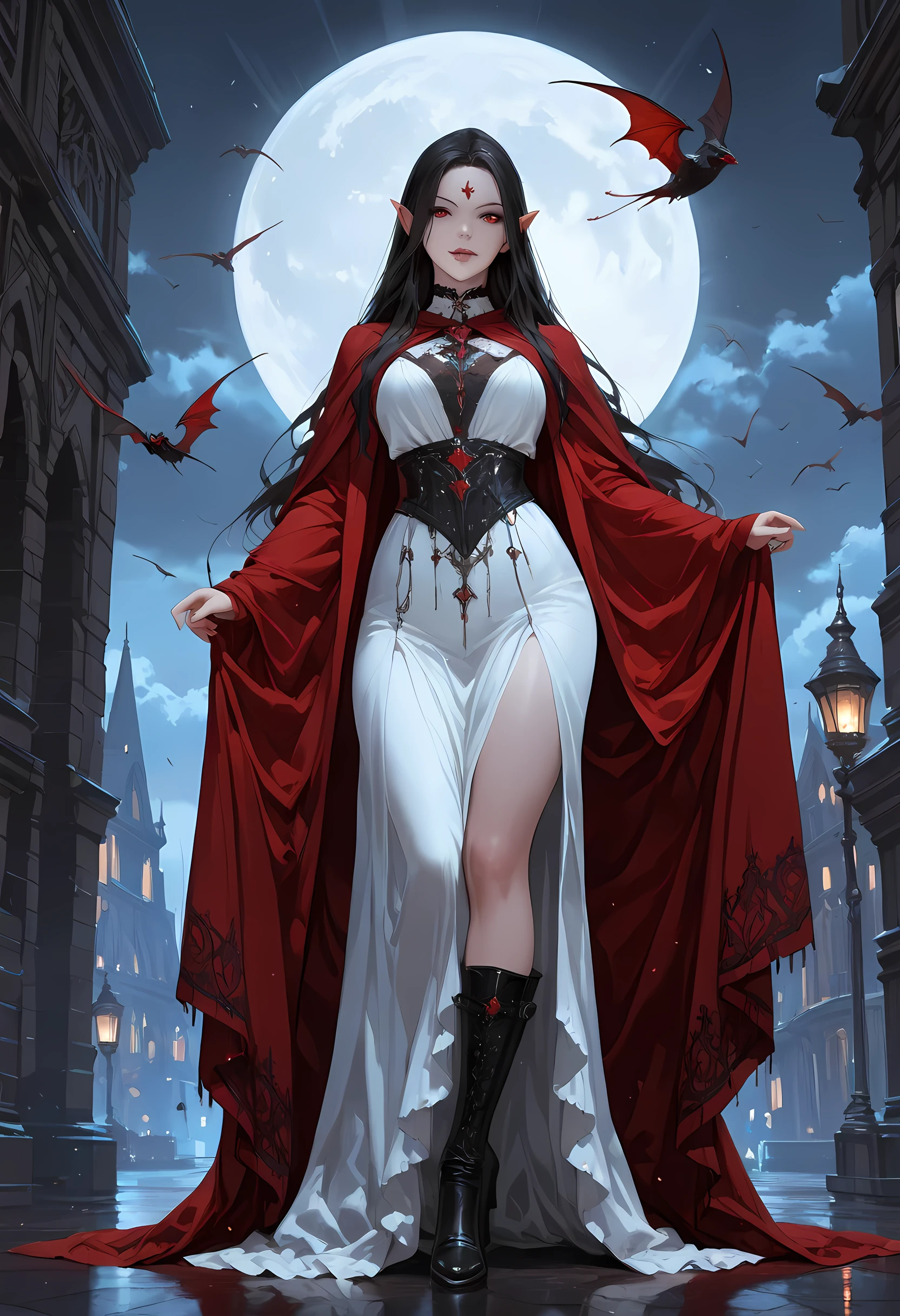portrait of a vampire, elf  full body (Masterpiece, best quality, ultra feminine), with a long curvy hair, dark color hair, red eyes, ((beautiful delicate face)), Ultra Detailed Face (intricate details, fantasy art, Masterpiece, best quality), visible vampiric fangs,  red cloak, flowing cloak , wearing an intricate leather white dress (intricate details, gothic art, Masterpiece, best quality), high heeled boots, blood dripping on lips,  dark fantasy art, gothic art, (masterpiece), full body best details, highly detailed, best quality, highres,  goth urban background (intense details, beat details), fantasy, at night light, natural ,moon light, soft moon light, moon rays, clouds, gothic atmosphere, gothic street background, bats flying in background, soft light, dynamic light, [[anatomically correct]], high details, best quality, 16k, [ultra detailed], masterpiece, best quality, (extremely detailed), dynamic angle, ultra wide shot, RAW, photorealistic, Aesthetic_PDXL