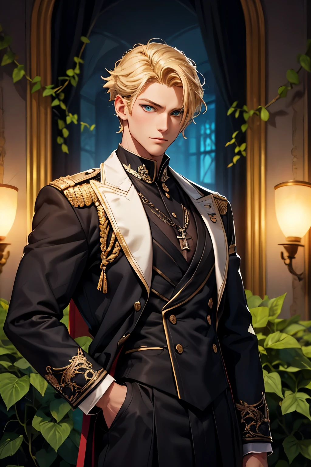a handsome anime-style fantasy prince, standing in a gothic palace or enchanted garden, tall (198cm), muscular build, golden blond hair, cyan blue eyes, modern stylish haircut, wearing a dark, elegant royal uniform with black rose and ivy embroidery, high collar, masculine design, no beard, sharp and confident expression, cold and dominant aura, bishounen face, otome game character, glowing ambient light, intricate details, high-quality digital painting
