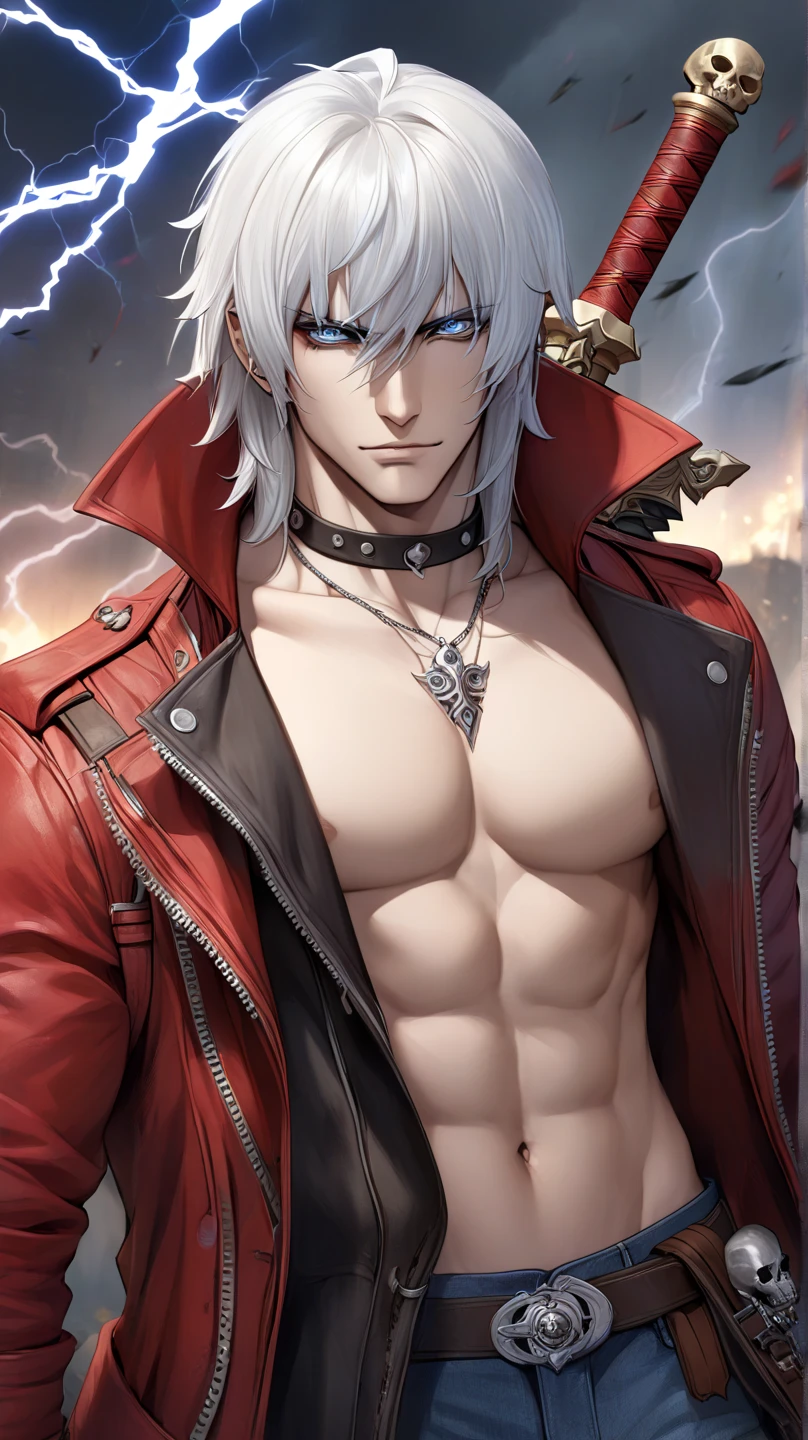 puntaje_9, puntaje_8_arriba, puntaje_7_arriba, fuente_animado, solo, enfoque masculino, 1 chico, dmc3dante, sonrisa afectada, mirando al espectador, session, trono, abrigo, Bandeau, guantes sin dedos, pantalones